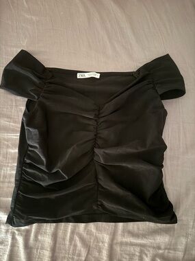 ZARA Black Off Shoulder Ruched Top – Stretch Bodycon Size S